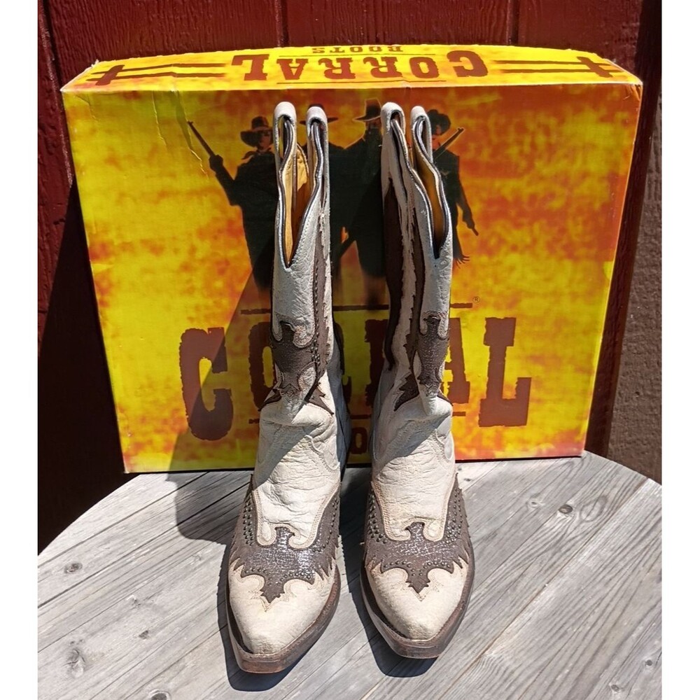 Corral Boots Women’s Leather Cowboy Boots Tan Brown Cross Wings Size 7M Made USA